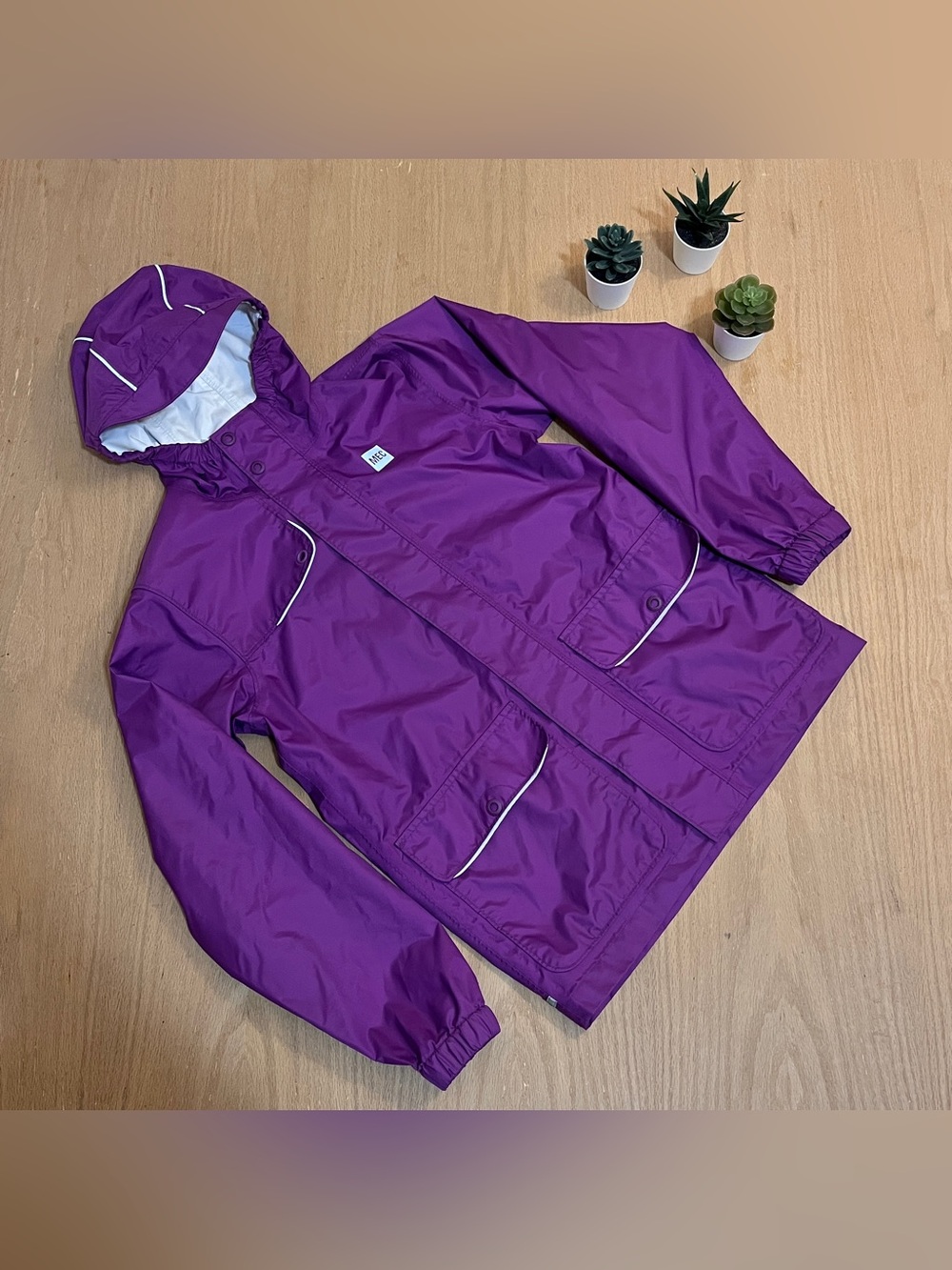 MEC Kids Waterproof Reflective Purple Rain Jacket